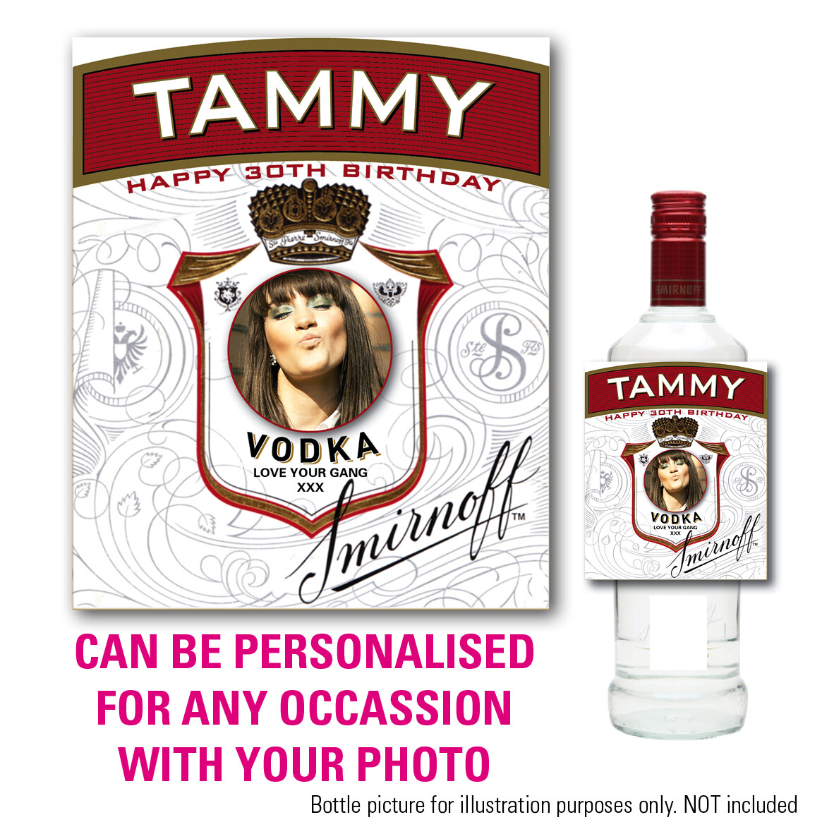Personalised Smirnoff-Inspired Vodka Bottle Label - Custom Photo Label For Birthdays, Christmas & Events