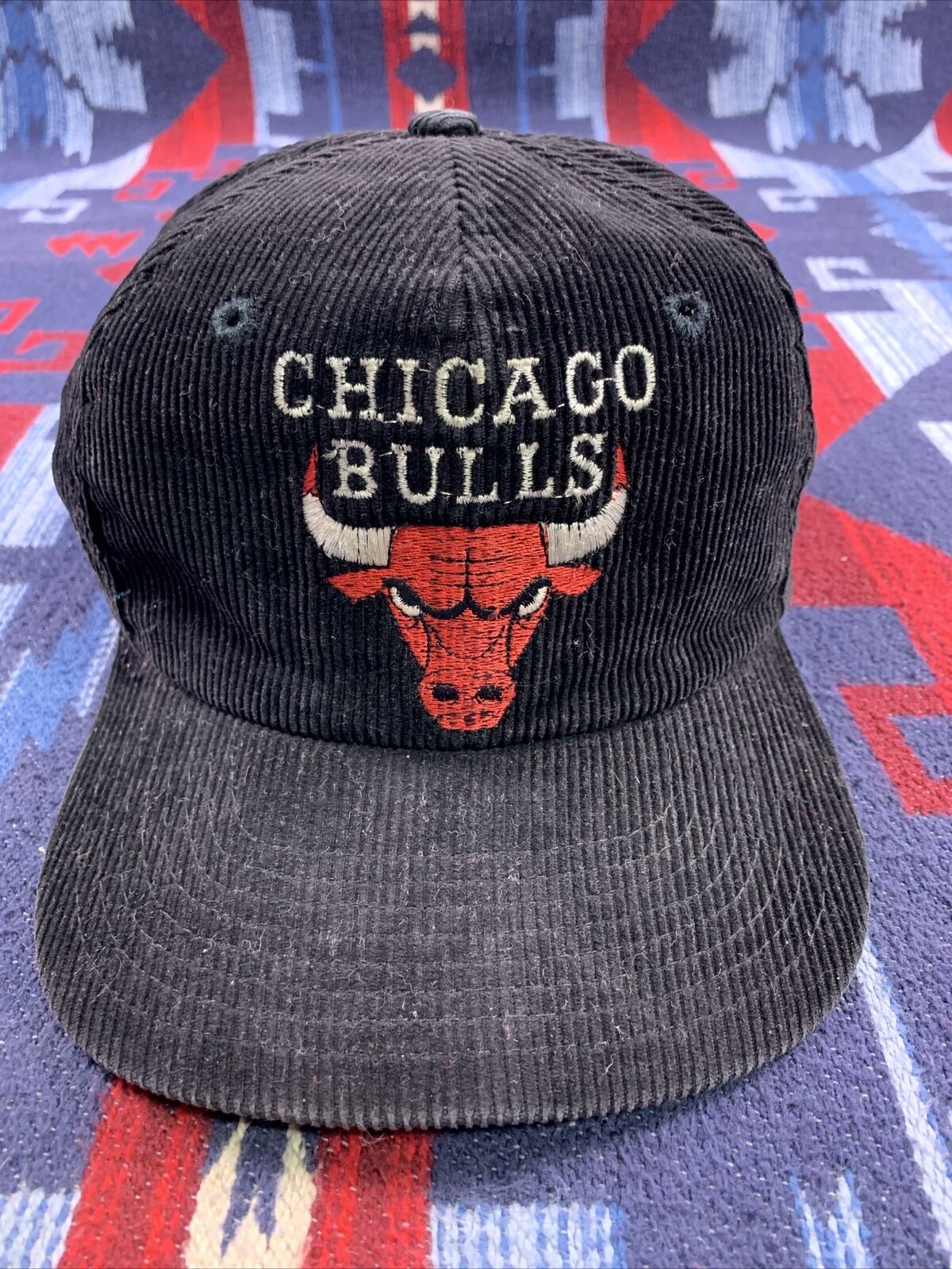 VINTAGE Chicago Bulls Hat Cap Snapback Black Corduroy NBA Basketball Mens  90s