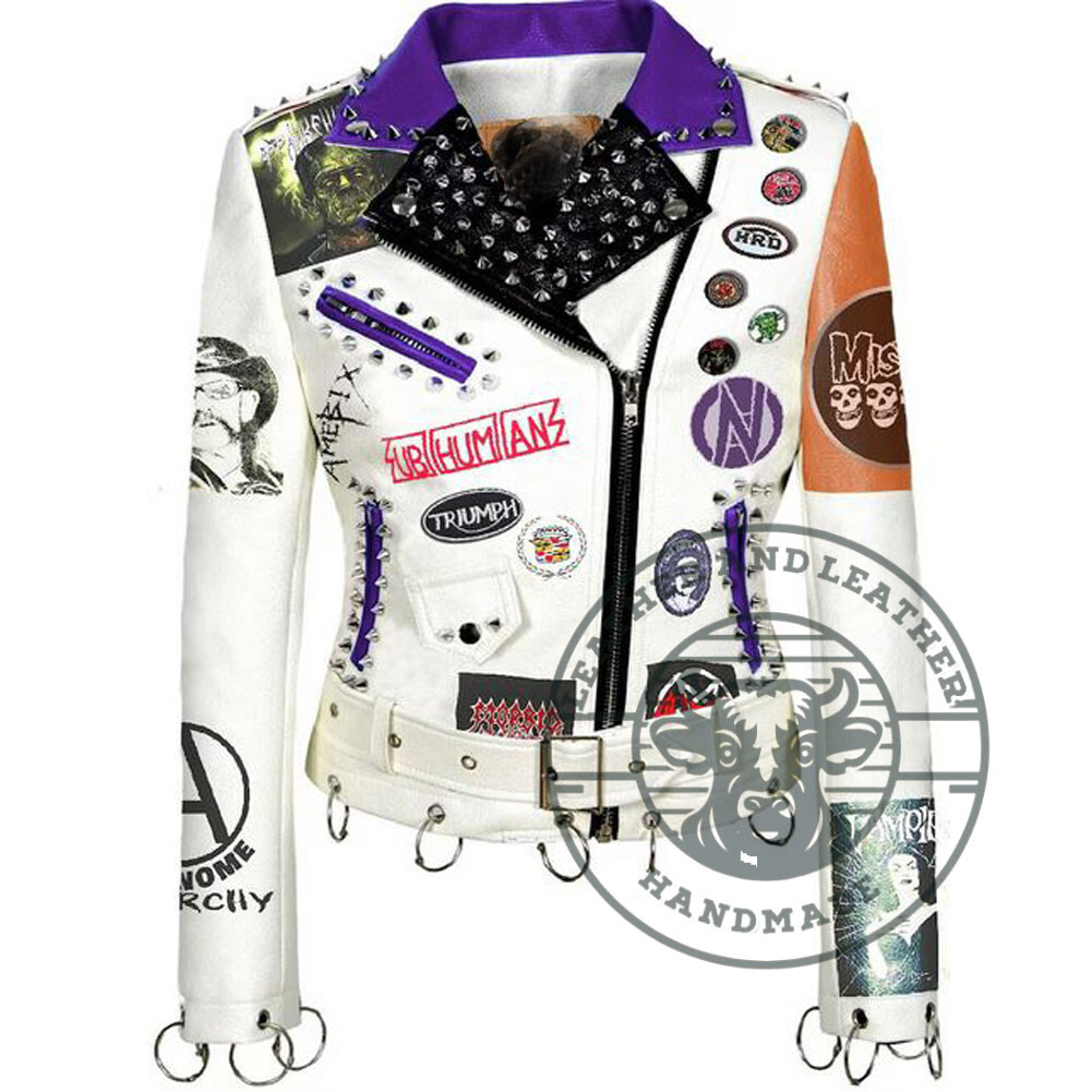 Women's White Leather Jacket with Studs and Patchwork - Vampira Style