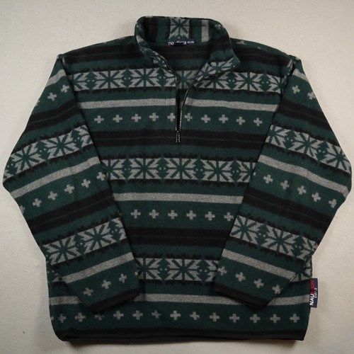 Vintage Nautica 1/4 Zip Fleece Jacket Mens XL Green Aztec Navajo Fair Isle Print - Picture 2 of 11