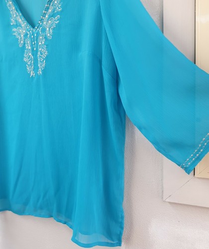 Lds MILLERS Aqua sheer embroidered boho hippy kaftan 3/4 bell sleeved top 18 - Foto 6 di 9