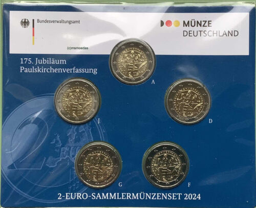 Germania off. Blister 2024 costituzione chiesa di Paulskirchen set monete commemorative 2 € ADFGJ BU - Foto 1 di 2