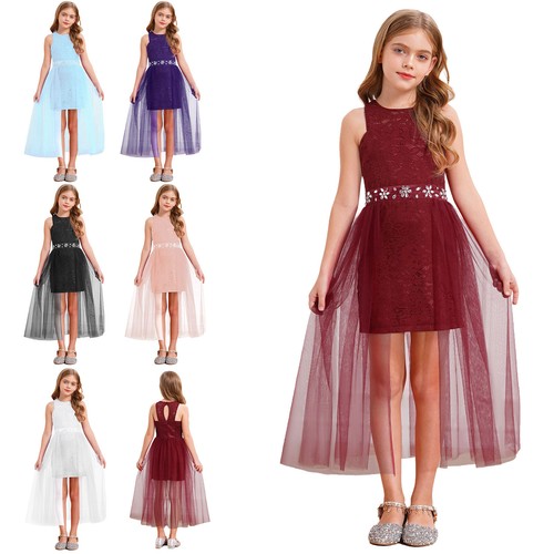 Kid Girls~Lace Dress Waistline High Waist Wedding Party Pageant Sleeveless Party