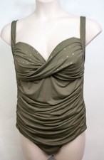 Plus Size Women One Piece Swimsuit Solid Olive Green Rhinestone Bodice Size XXL