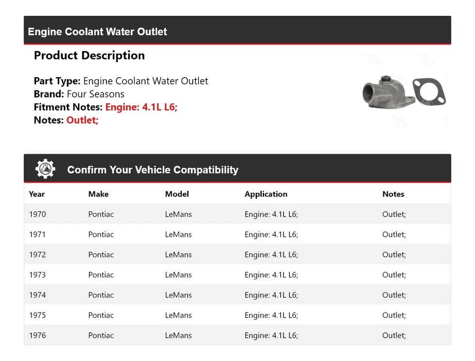 Para Pontiac LeMans 1970-1976 4,1 L motor L6 salida de agua refrigerante 4 estaciones 1971 Foto 2 de 4