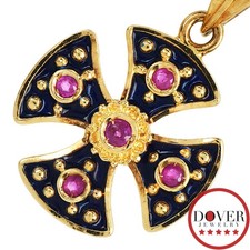 Estate Ruby 14K Yellow Gold Enamel Maltese Cross Pendant 3.9 Grams NR