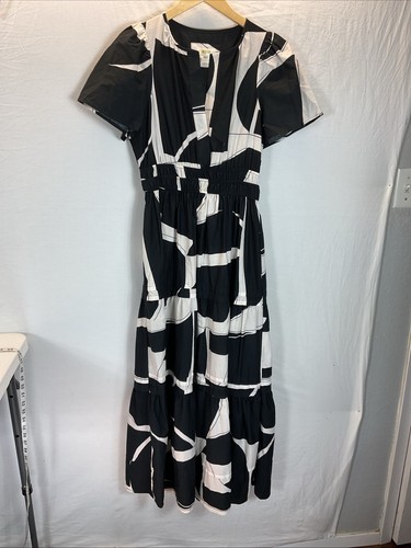 Maxi Vestido Anthropologie Maeve The Somerset Negro Blanco Estampado Manga Corta Pequeño - Imagen 3 de 14