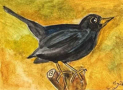 ACEO Original Aquarell Garten Vögel Flügel Amsel Vogel Natur
