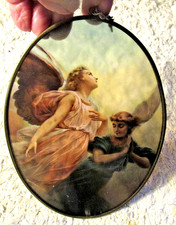 SUNCATCHER Unique, ITALY, STAINED GLASS ANGELS, Brass Framed w/Attached Chain