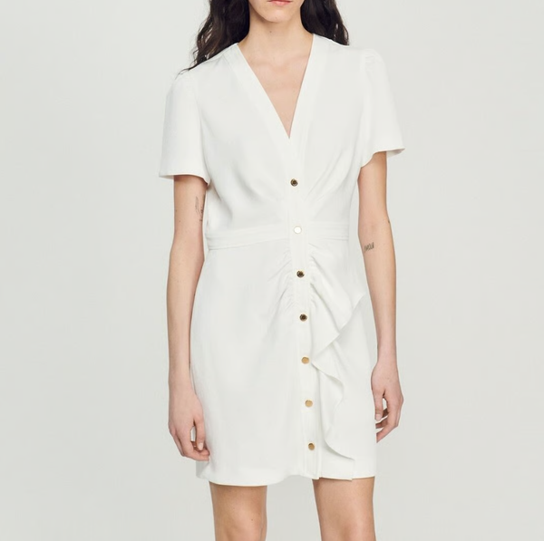 Sandro Paris Damen Minikleid Ecru V-Ausschnitt Kurzarm 36 S SFPRO03081-image