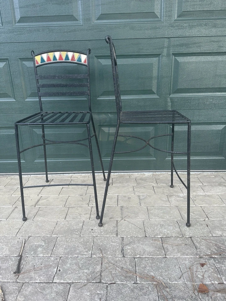 Pair Vintage Moroccan  Wrought Iron Metal Black Barstools Bar Chairs Buyer$Ship - Image 4 of 4