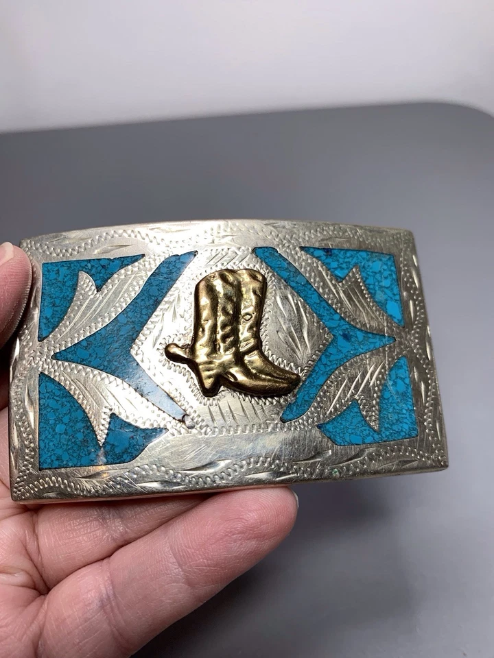 Vintage Alpaca Mexico Engraved Belt Buckle Turquoise Inlay Foto 4 de 4