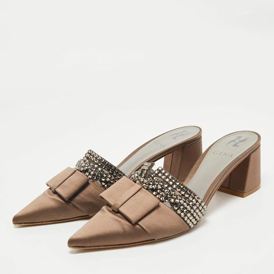 Gina Brown Satin Crystal Embellished Chachki Block Heel Mules Size 38 - Image 2 of 4