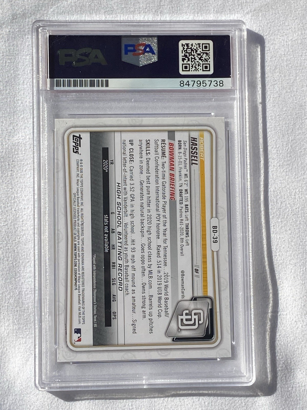 ROBERT HASSELL III PSA 10 TOPPS BOWMAN 2020 Draft San Diego Padres Baseball Card view 8
