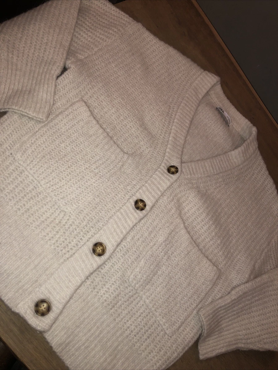 Women ZARA Chunky Knit Cream Wool Blend V- Neck Buttoned Oversized Cardigan Sz M