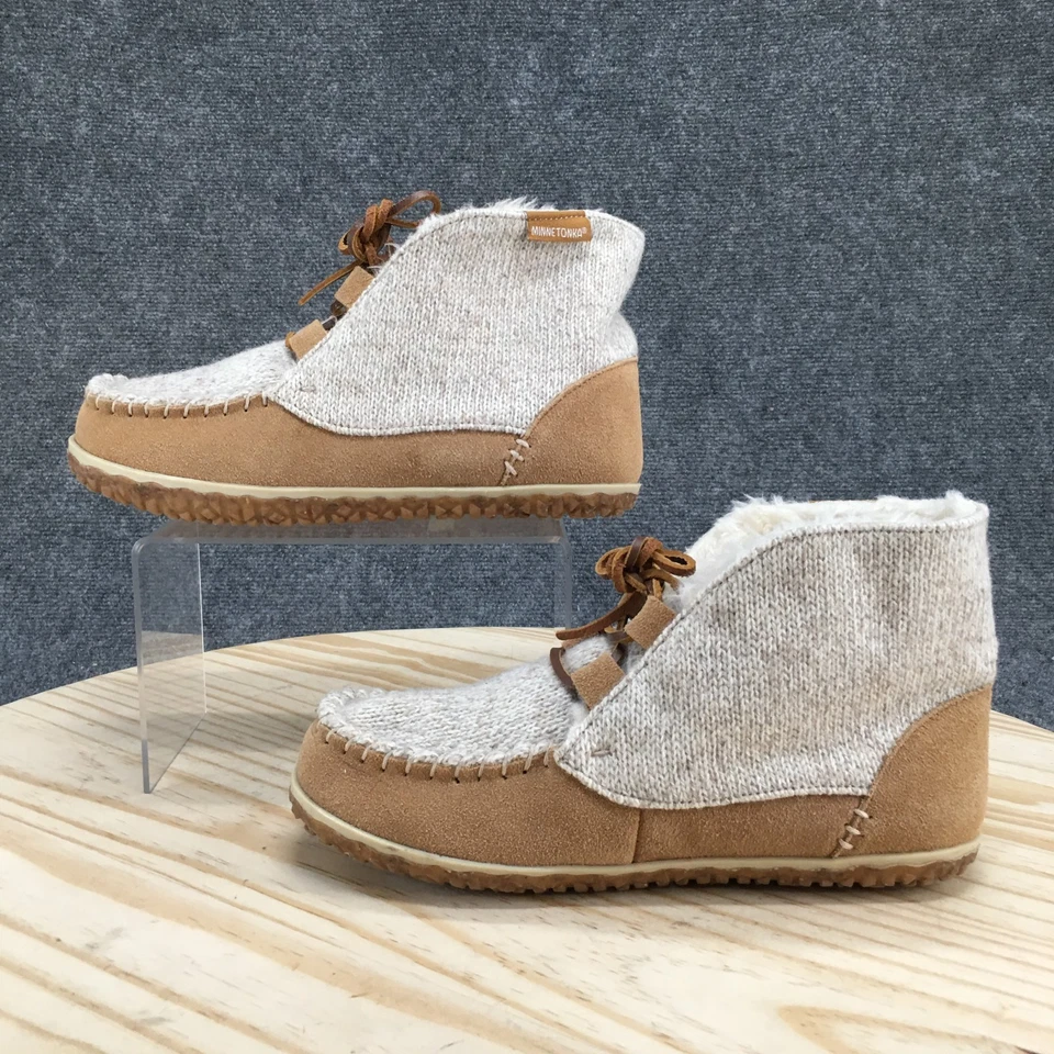 Zapatillas Minnetonka Mujer 8 Anchas Torrey Botín Beige Cuero Con Cordones 40141W Foto 2 de 4
