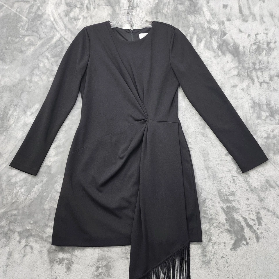 Vestido Belle Badgley Mischka para mujer 8 negro Harley crepé drapeado flecos cóctel Foto 2 de 4