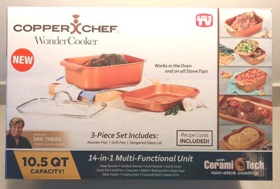 Copper Chef Wonder Cooker 10.5 QT 3 Piece Set Roaster/Grill/Glass Lid NEW