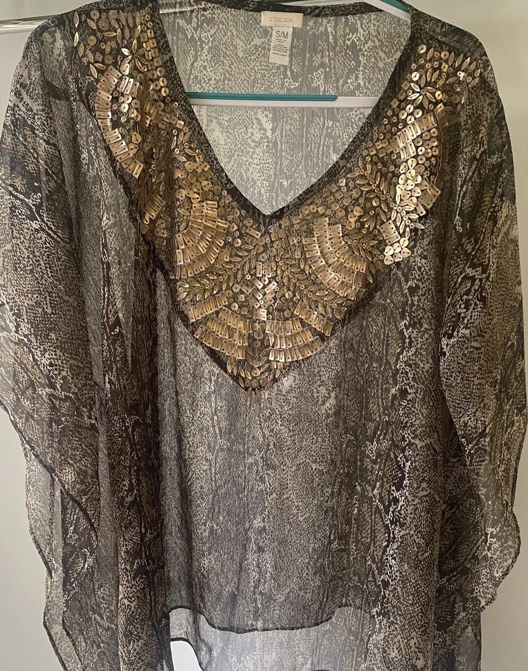 Chicos Top Snake Print Sequined Embellishment Poncho Top Sheer Pullover