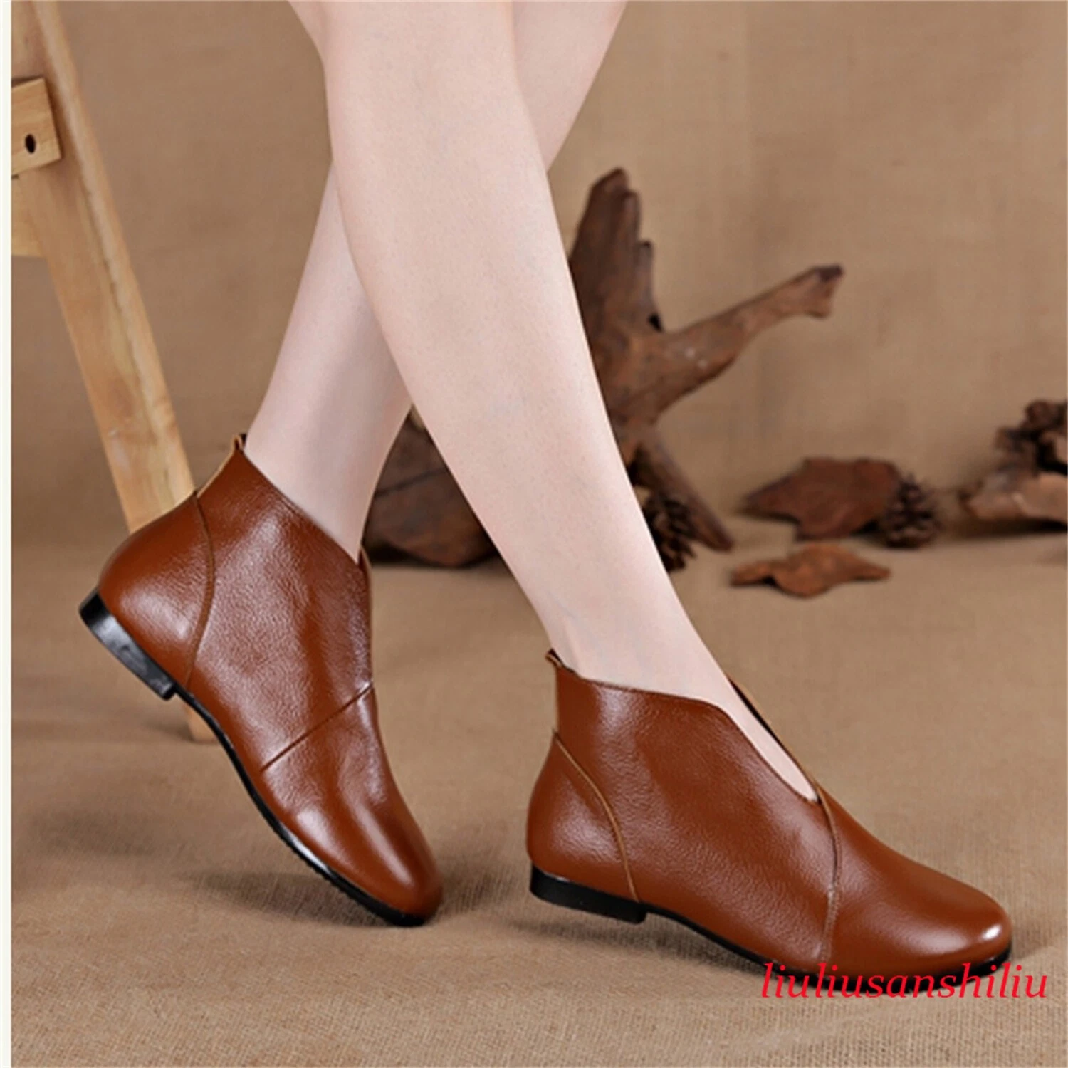 Women's V-neck Ankle Boots Genuine Leather Autumn Shoes Soft Casual Slip On