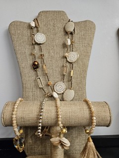 Long Gold Tone Embellished Statement Necklace & BEADED BRACELETS