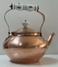 Vintage Copper Tea Kettle w/ White & Blue Ceramic Handle & Knob