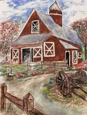 Burl Original Mixed Media Drawings Set Barn Wagon Rural Farm