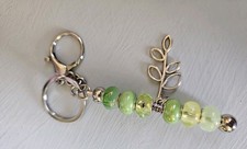 Green Leaf Keychain Silver Charm Beaded 4" Long Trigger Clasp Green Giftable