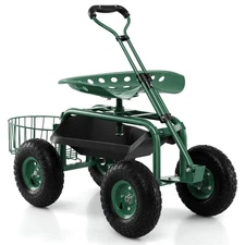 Heavy Duty Garden Cart Work Seat w/360 Swivel Seat and Storage Basket, 4-Whee...