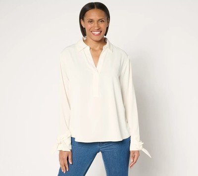 Peace Love World Y-Neck Pullover Blouse With Bow Sleeve Detail Pristine S New