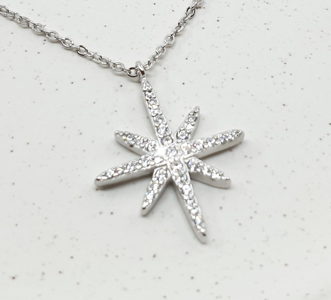 925SterlingSilverCrystalStarCharmNecklaceWomanFashionChainPendantGift