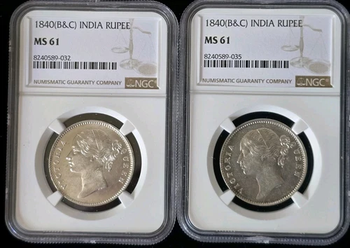 LOT OF 2 COINS 1840 B & C EAST INDIA COMPANY SILVER RUPEE NGC MS61