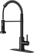 This black kitchen faucet with a pull-down spray, made of stainless steel....