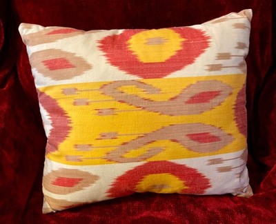Ikat Silk Accent Pillow, Cushion, Uzbek, in Yellow, Red, Beige & Cream, Modern
