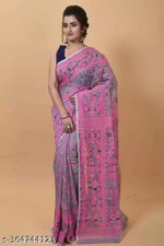 Indian Jamdani Cotton Silk Saree With Unstitched Blouse Women's Party Wear Sari