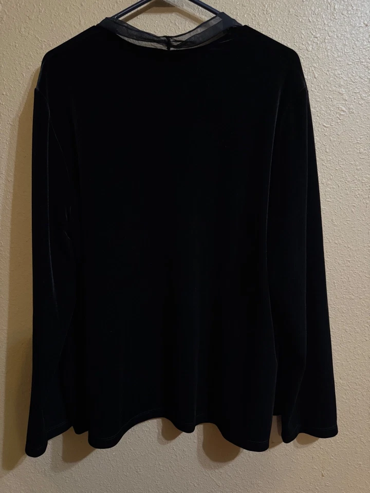 CHICO'S TRAVELERS COLL VELOUR CARDIGAN CHICO'S SZ 3 (XL) BLACK CHIFFON TRIM - Image 4 of 4