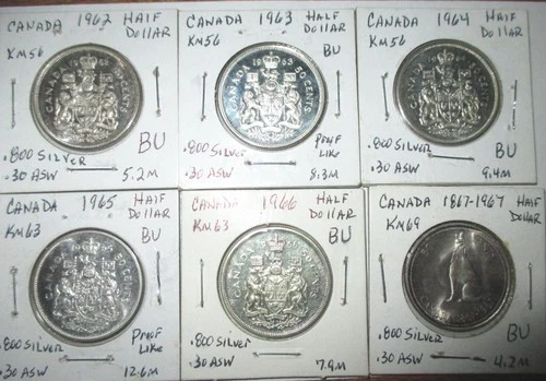 6 Canada UNC BU Silver Half Dollars lot 1962, 1963, 1964, 1965, 1966, 1967