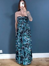 Ladies Black Aqua Flower Print Long Floaty Summer Halterneck Maxi Dress Size 8