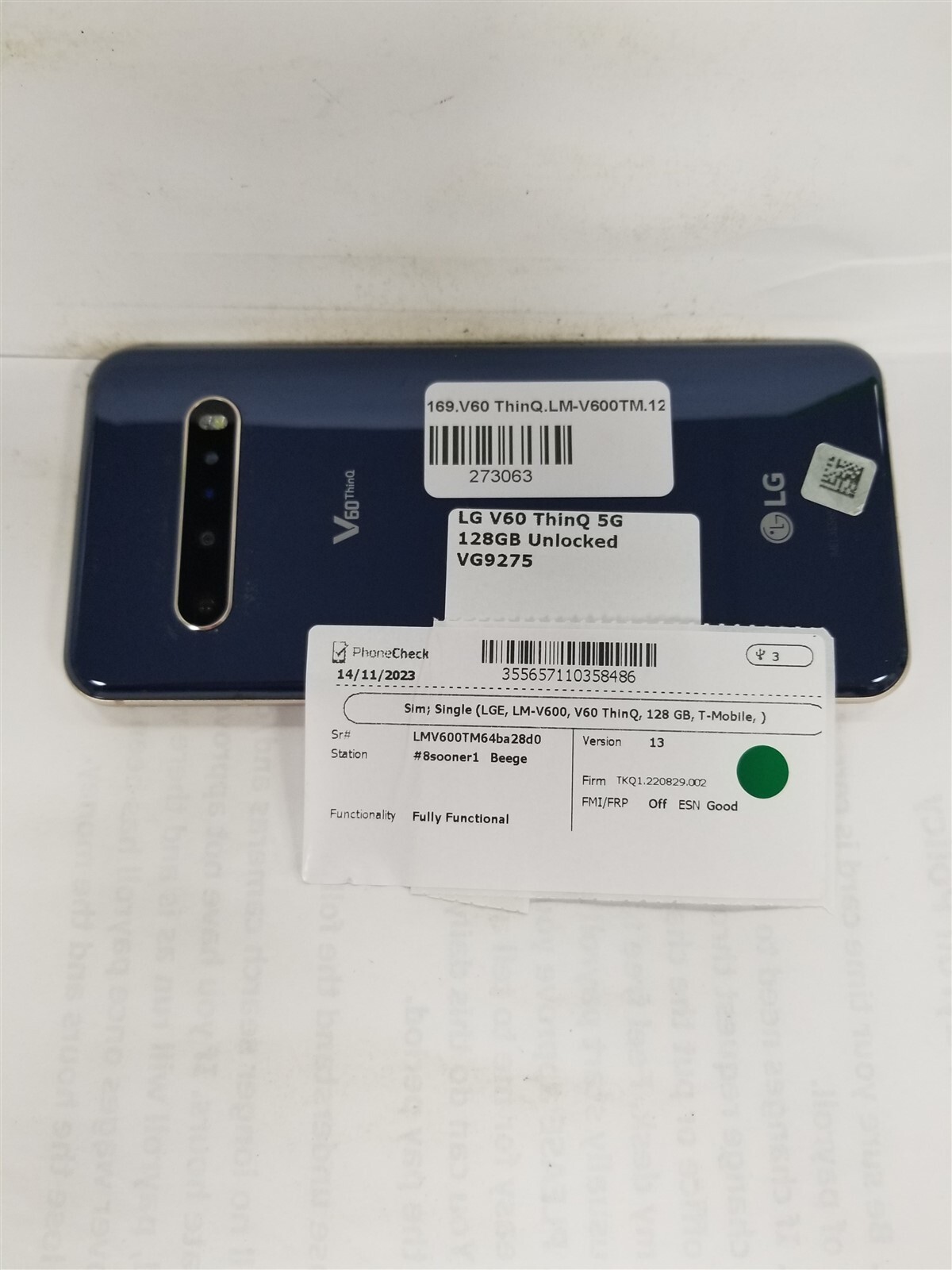 LG V60 ThinQ 5G 128GB Blue LM-V600TM (T-Mobile Unlocked) GSM World Phone VG9275