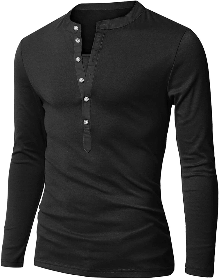 Doublju Para Hombres Básico Calce Ajustado Manga Larga Pullover Henley Camisas NEGRAS 4XL Foto 2 de 4