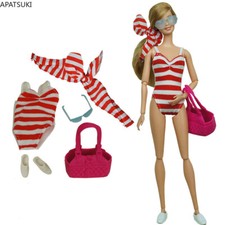 Rosa Schwimmen Outfits für Barbiepuppe Bikini Schuhe Tasche Brillen 1/6