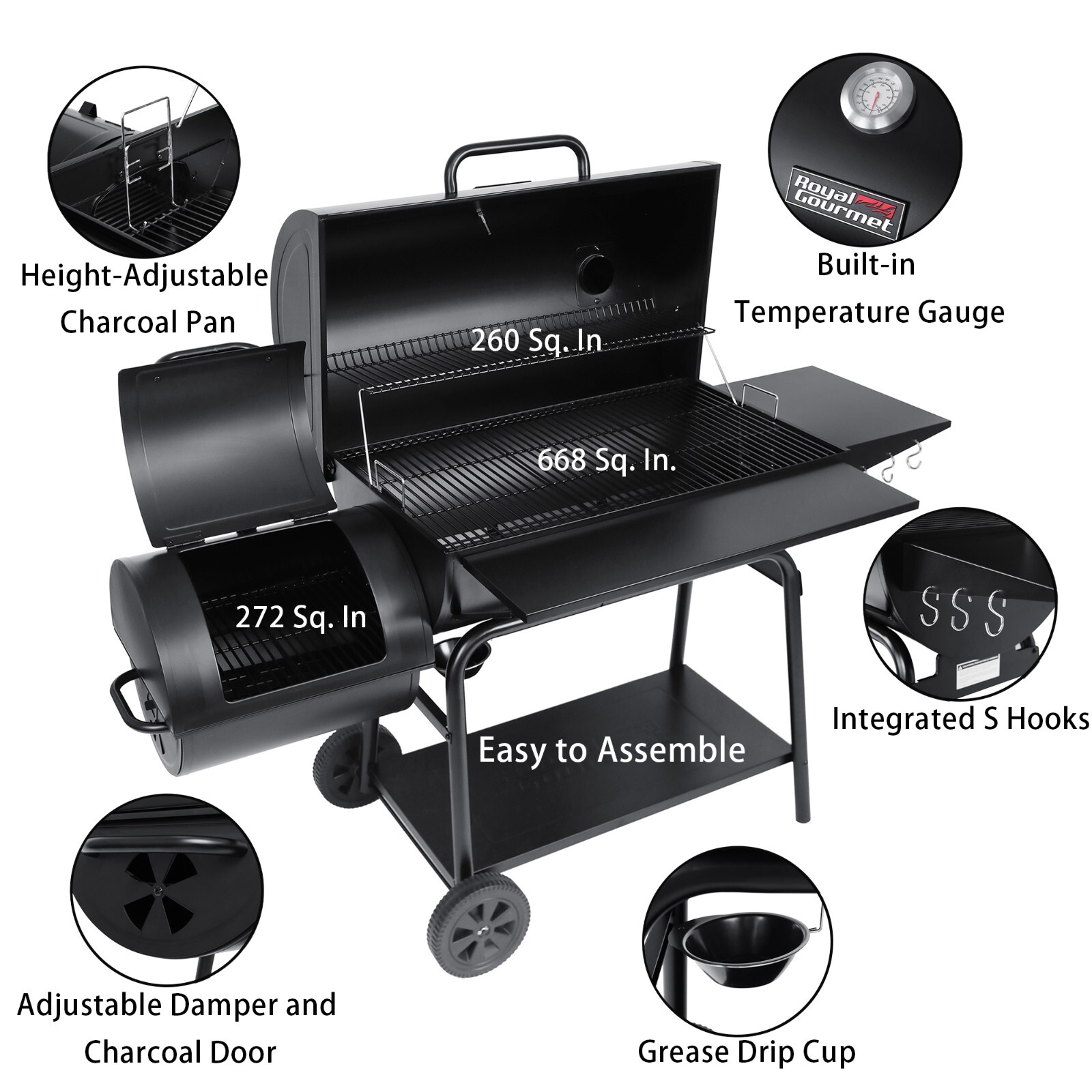Royal Gourmet Charcoal Barrel Grill with Offset Smoker Large Event