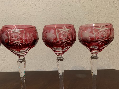 Nachtmann Crystal Cranberry Wine Glasses Cut To Clear 8 1/4" Set Of 5 Germany - Picture 13 of 24