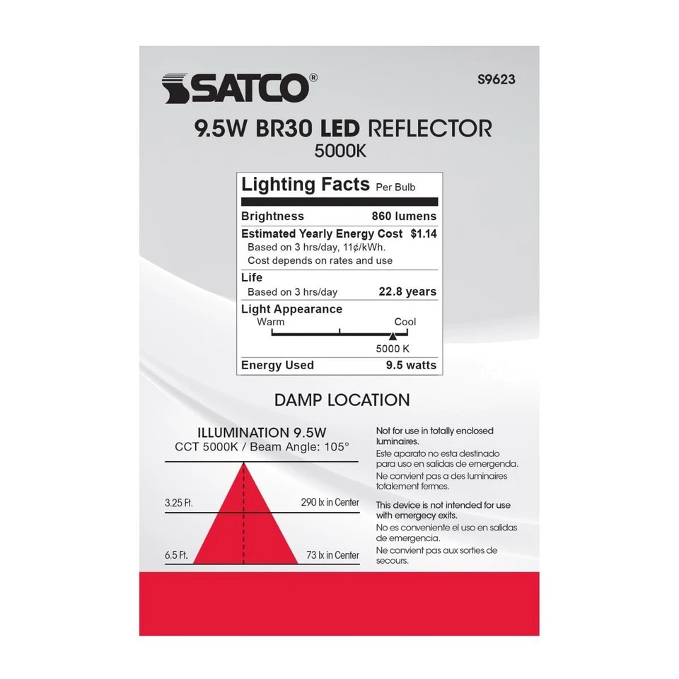 SATCO S9623 - 9.5 Watt BR30 Dimmable LED Light Bulb - 5000K (6 or 12 Pack) - Image 3 of 4