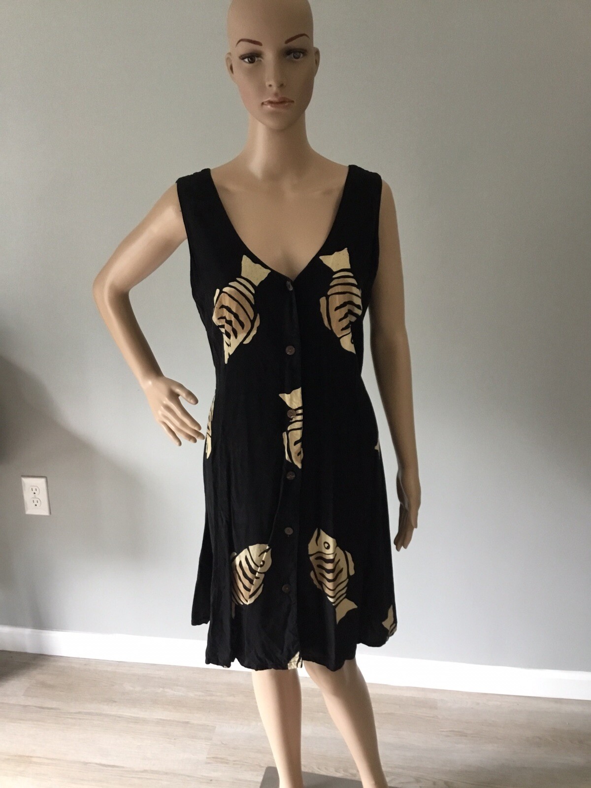 sundress beach coverup  Bali Batik resort wear size M black beige fish-image