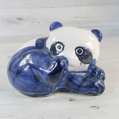 Vintage Blue White Panda Bear 6'' Ceramic Clay Figurine Bank Slot on Bottom