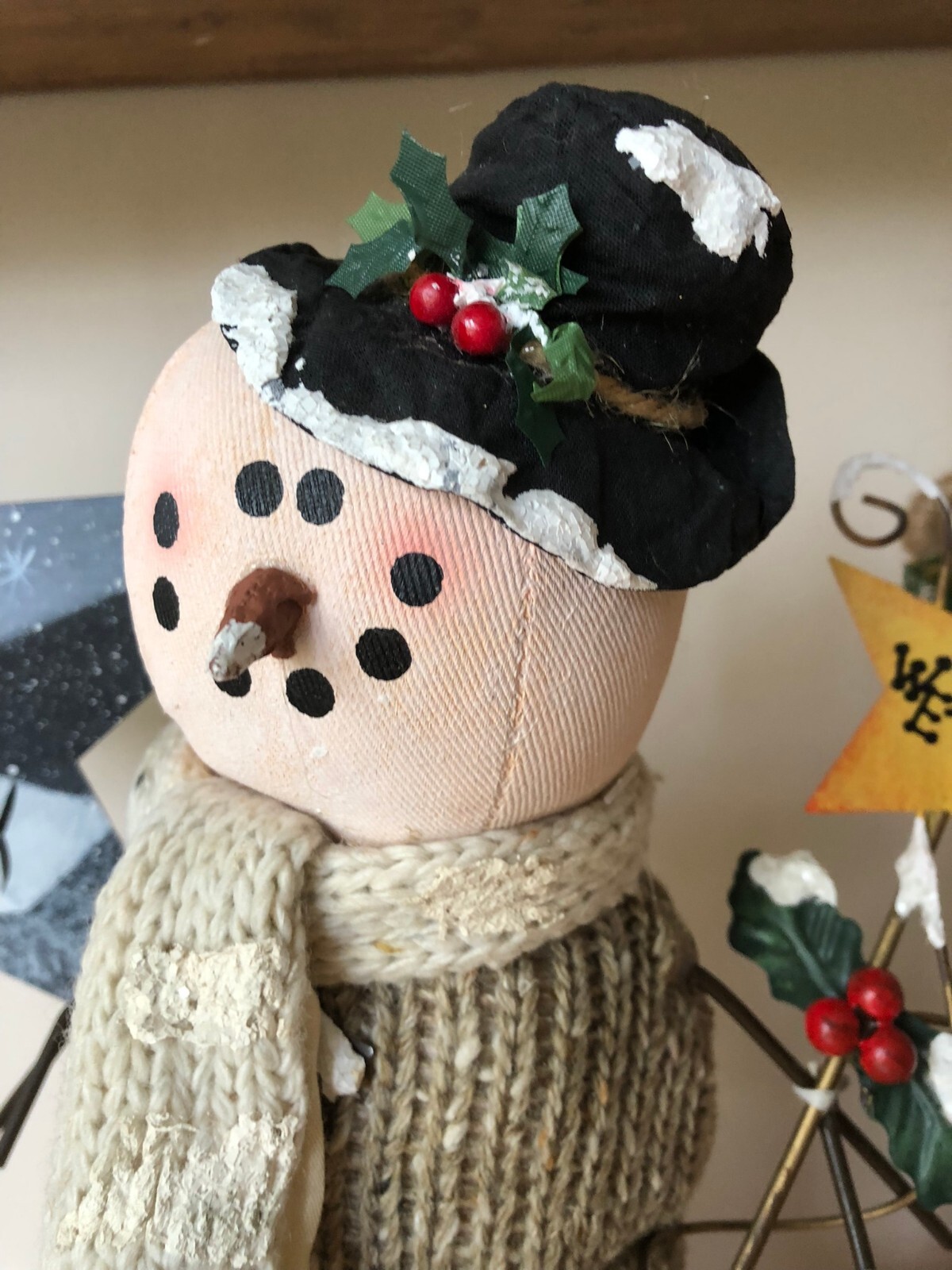 Lot of various cute snowmen Christmas decorations, bells rustic Holiday snowman