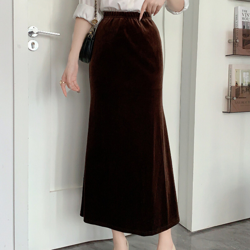 Vintage Women Velvet Skirt Velour High Waist Fishtail Evening