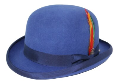 Royal Blue 100% Wool Bowler Hat with Removable Feather Satin  display picture 2