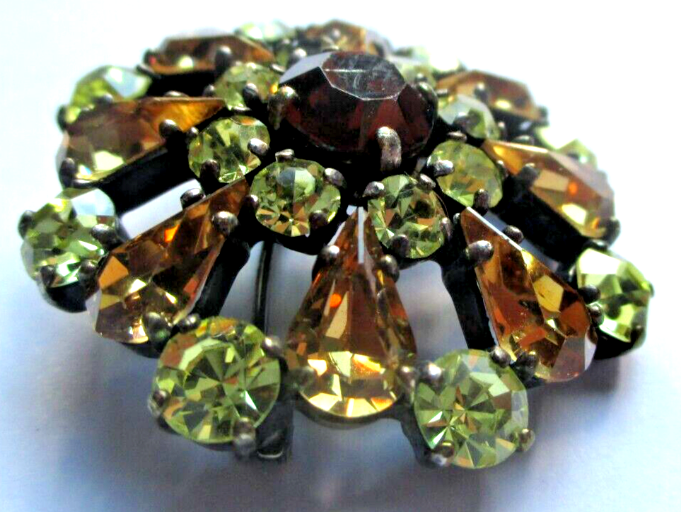 Ancienne Broche Vintage Sertie De Cristaux - Citrine, Péridot, Topaze - État Superbe